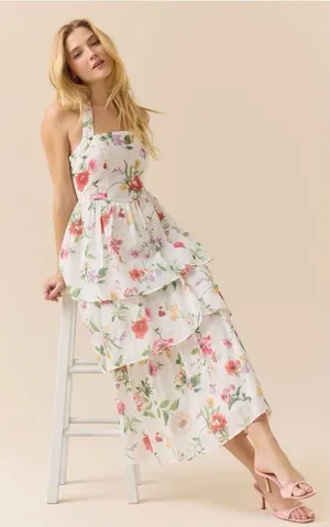 Altar'd State White Julie Dress with Pink & Green Floral Trim Size M wedding thumbnail 1