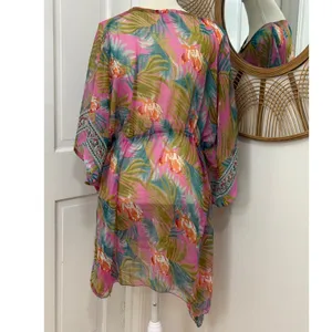 Sunflower Kaftan Swim Cover Up Womens Free Size Pink Tropical Sheer Chiffon Boho thumbnail 2
