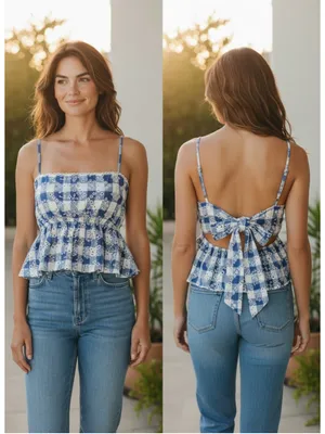 Altar'd State Blue White Gingham Eyelet Peplum Cami Top Women's Size XL NWT thumbnail 2