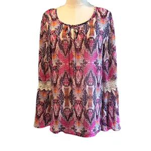 COMO Vintage Top Blouse Tunic SZ L Multicolor Sheer Crochet Bell Sleeves Boho thumbnail 2