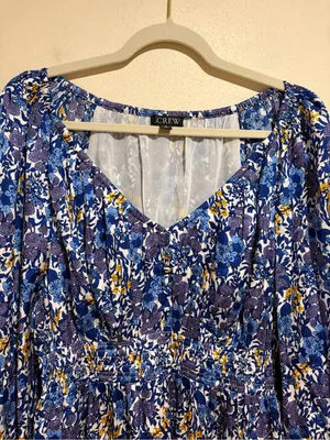 J. Crew V-neck Midi Dress in Fête Floral Print Blue Satin Long Sleeves Medium thumbnail 7
