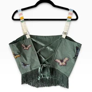 EDDY Green Floral Butterfly Needlepoint Fringe Crop Corset Top Size Large thumbnail 2