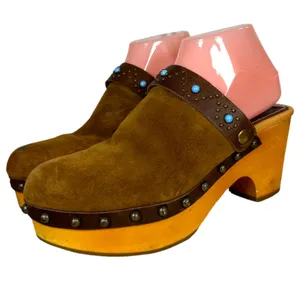 Dingo Woodstock DI 149 Brown Suede Turquoise Western Wooden Clogs Women's 8.5 thumbnail 1