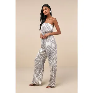 NWT Lulus Western Direction Ivory Scarf Print Satin Strapless Jumpsuit Cruise L thumbnail 8