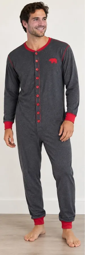 Little Blue House Bear Naked Adult XL Union Suit Pajamas One Piece Gray Red thumbnail 1