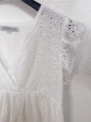 Miss Sparkling White Eyelet Embroidered Ruffle Sleeve Babydoll Mini Dress thumbnail 5