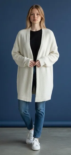 Blakeley Womens Cream Popcorn Knit Thunderbird Graphic Longline Cardigan‎ PS thumbnail 1