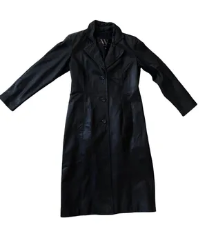 Classic Black Leather Long Coat - Women's Tailored Trench thumbnail 1