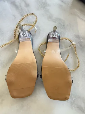 Crystal Embellished Black Heeled Sandals with Gold Chain Ankle Wrap thumbnail 3