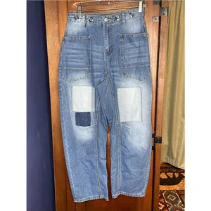 Barrel Leg Patchwork Jeans Denim Blue Cropped High Rise Size 28 Boho Indie Viral thumbnail 2