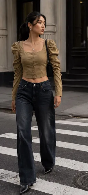 Revolve Lovers and Friends Crop Top Khaki Ruched Puff Sleeve Regencycore Small thumbnail 1