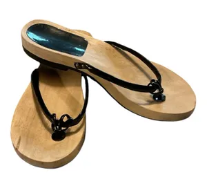 Vintage Y2K Wooden Thong Sandals | Black Patent Knot Strap Slides | Made in Brazil | Size 39 / US 8 thumbnail 1