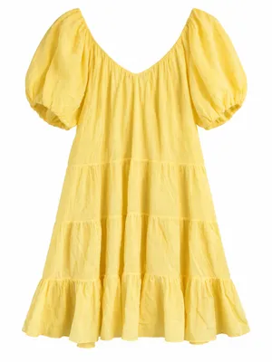 Rebecca Taylor Tiered Silk Cotton Puff Sleeve Dress Womens XL Yellow thumbnail 3