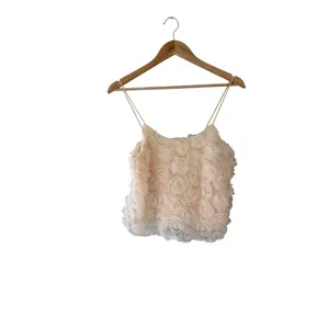Ivory Cream 3D Rose Floral Cami Tank Top Cropped Spaghetti Strap Romantic Y2K thumbnail 2