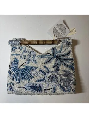 Beaded Floral Pink & White Handbag with Bamboo Handle India handmade NWT thumbnail 12