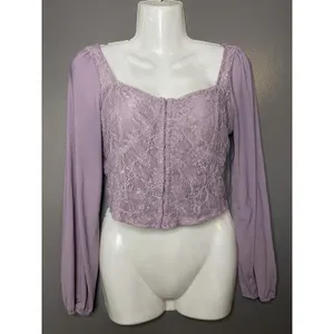 Kirious Blouse Womens Medium Purple Lace Square Neck Long Sleeve Cropped Top thumbnail 2