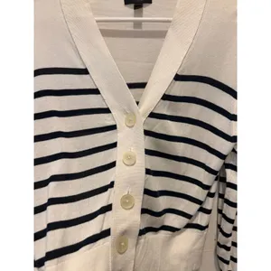 J.Crew Womens Large White Navy Blue Striped Cotton Viscose‎ Cardigan Sweater L thumbnail 3