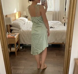 Sage Green Satin Asymmetric Midi Dress with Tie Straps thumbnail 3