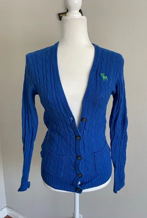 Abercrombie & Fitch Royal Blue Cable-Knit V-Neck Cardigan with Green Logo thumbnail 1