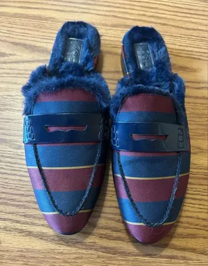 J. Crew Faux Fur Lined Academy Loafers Slide Mules Burgundy Striped Size 7.5 thumbnail 1