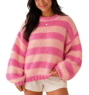 Pink Lily Pink Peach Striped Oversized Sweater Medium Balloon Sleeve Preppy thumbnail 1