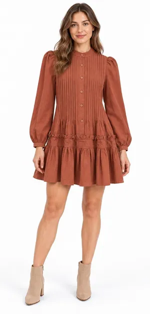 TCEC Brown Pintuck Button Front Tiered Mini Dress Women’s Small thumbnail 1