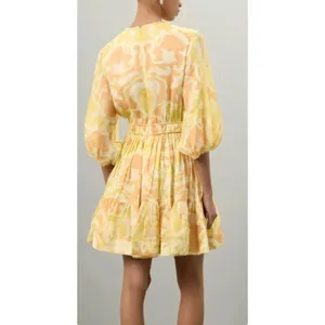 Alexis Capri Yellow Orange Abstract V-Neck Mini Dress $598 flowy coquette XS thumbnail 2