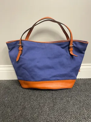 Lauren Ralph Lauren navy blue womens canvas tote satchel brown faux leather thumbnail 2
