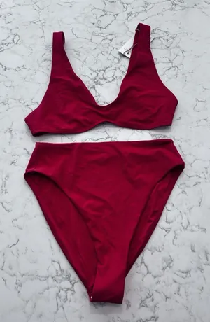 New Quince Cherry Red Italian Plunge Bikini Top & High Rise High Leg Bottom Set thumbnail 1