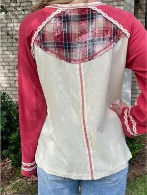 NWT POL Varsity Waffle Knit Raspberry # Thermal Plaid Patchwork size medium thumbnail 2