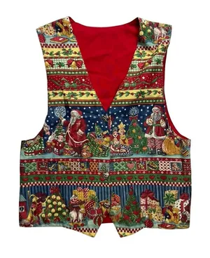 Handmade Vintage Christmas Holiday Vest Santa Patchwork‎ Novelty Womens L thumbnail 1