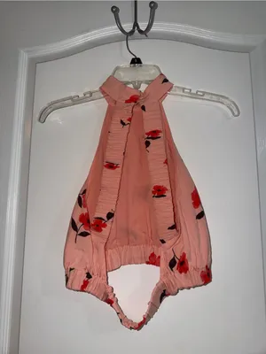 Zara Peach Halter Crop Top with Red Floral Accents thumbnail 3