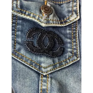 Sequined Interlocking CC Logo Cropped Denim Jacket Medium Wash Blue Large Size undefined thumbnail 5