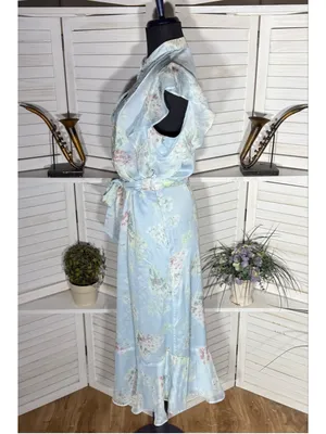 Ralph Lauren floral blue midi dress chiffon flutter sleeves cottage fairy boho 6 thumbnail 4