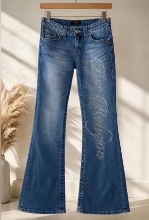 True Religion Blue Flare Jeans with Rhinestone Script thumbnail 1