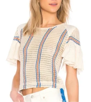 Free People Cream Knit Cropped Top with Blue and Orange Stripes thumbnail 1