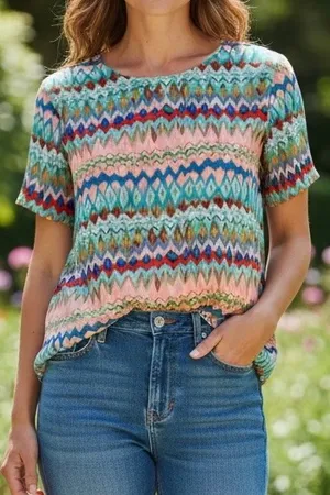 Amour Vert Multicolor Geometric Print 100% Silk Short Sleeve Blouse thumbnail 1