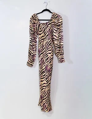 NEW ASOS Zebra Animal Print Pattern Satin Puff Long Sleeve Midi Dress 4 thumbnail 1