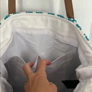 Blue and White Geometric Tote Bag with Leather Straps thumbnail 3