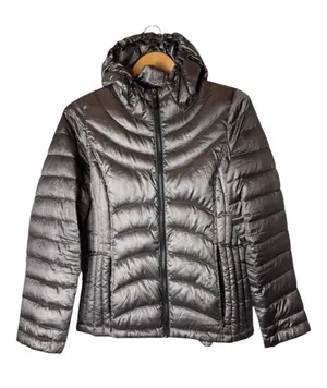 Andrew Marc Puffer Jacket Women Medium Pewter Lightweight Packable Down Hooded‎ thumbnail 1