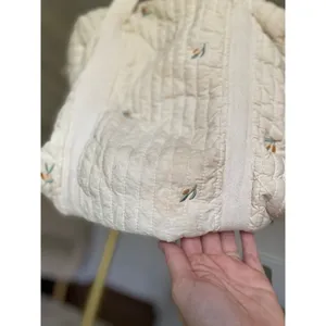 Quilted Embroidered Diaper Tote Bag Neutral Cream Ditsy Floral‎ Cottagecore Baby thumbnail 8