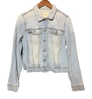 Jessica Simpson Women Large Pearl Embellished Distressed Denim Jacket Light Wash thumbnail 1