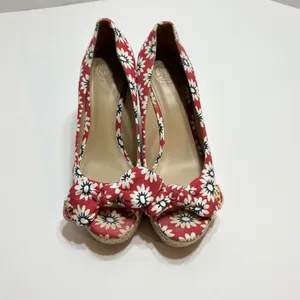 Tory Burch Dory Red Floral Canvas Peep Toe Wedge Espadrilles Size 7.5 Beachy thumbnail 14