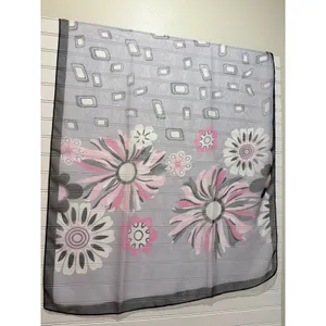 Okinawa Japan Scarf Grey Pink Butterfly Floral Sheer Geometric Print OS thumbnail 6