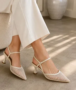 Zara Ivory Mesh Pointed Slingbacks Toe Ankle Strap Heels Size 37 thumbnail 1