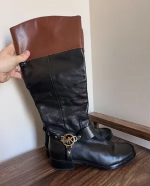 Michael‎ Kors Black Cognac Leather Riding Boots MK Logo Two Tone Women 8M thumbnail 1