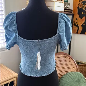 NWT Love Tree Blue Chambray Tencel Smocked Short Sleeve Boho Milk Maid Top thumbnail 2