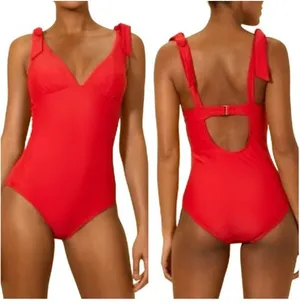 Shade & Shore NEW Women's Size S Red Tie-Shoulder Back Cutout One-Piece Swimsuit thumbnail 2
