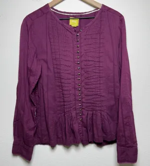 Anthropologie Maeve Women 100% Cotton Blouse L Purple Gelise Pintuck Military thumbnail 1