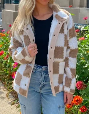 Checkered Sherpa Jacket Brown Size M thumbnail 1